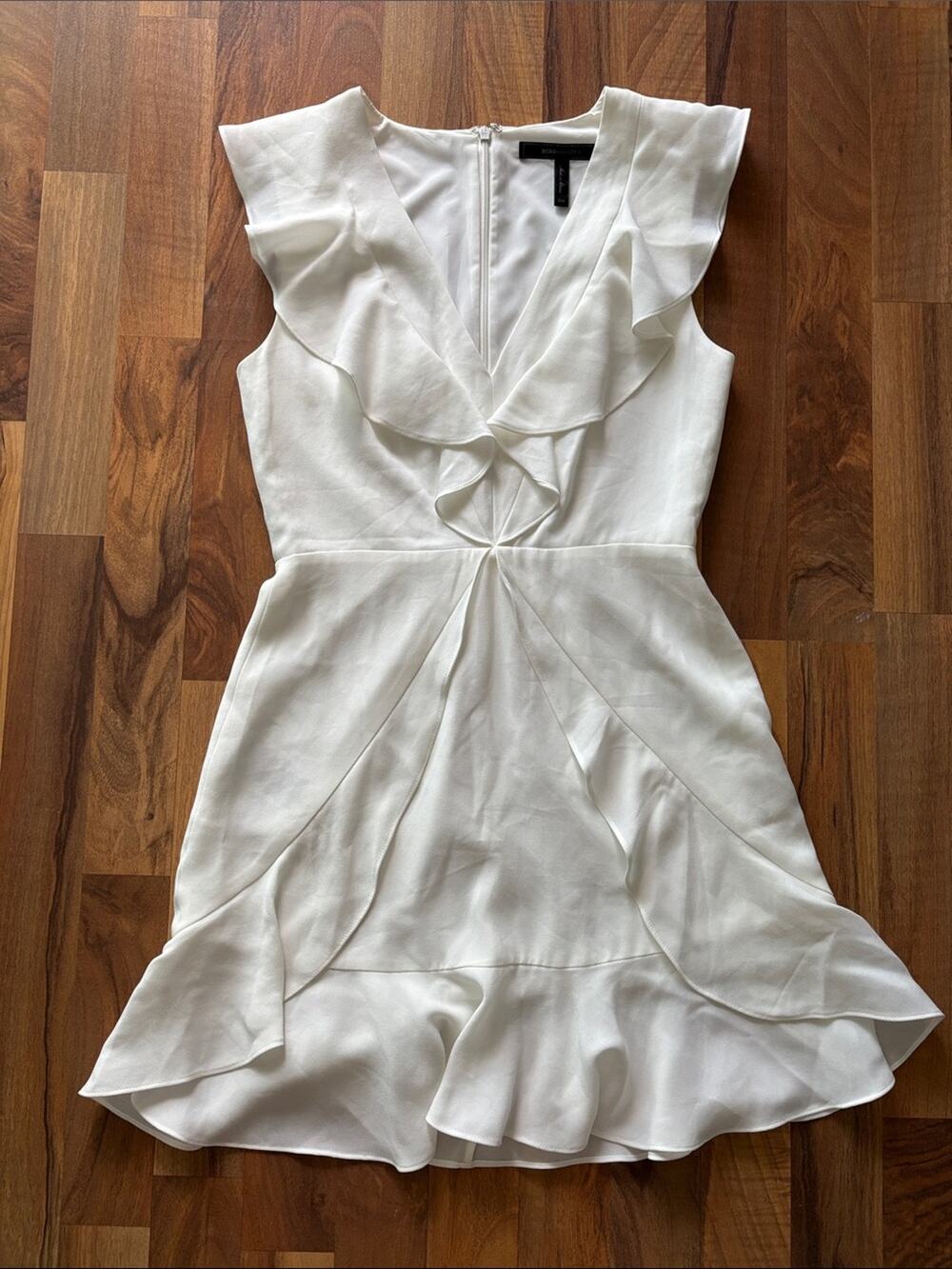 BCBGMaxAzria White Ruffle V-Neck Mini Dress
